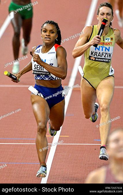French Camille Seri pictured in action during the 4x400m Women Relay heats at the World Athletics Championships in Budapest, Hungary on Saturday 26 August 2023
