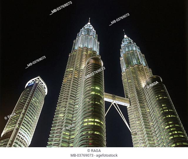 Malaysia, Kuala Lumpur, Petronas  Twin towers, illumination, evening  Asia, southeast Asia, city, capital, buildings, construction, skyscrapers, skyscrapers