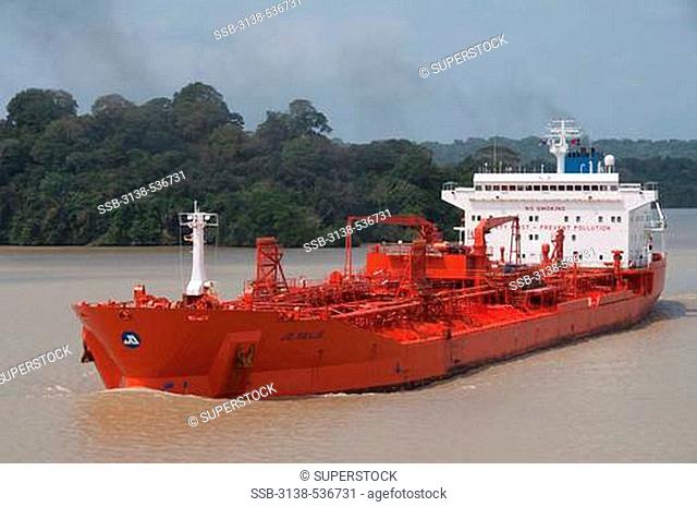 Oil tanker in canal, Gaillard Cut, Panama Canal, Panama