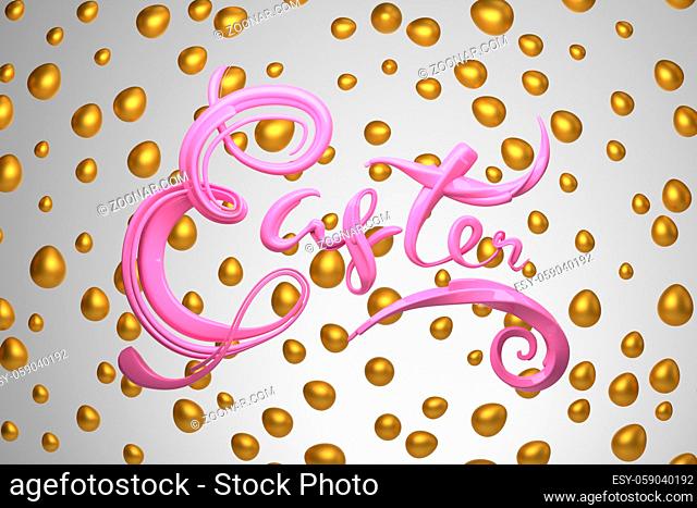 Happy Easter background with lettering decorated by golden eggs. Invitation realistic 3d illustration greeting card, ad, promotion, poster, flyer, web-banner