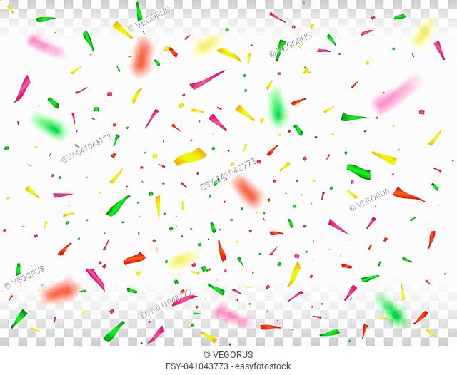 Colorful confetti pieces on transparent background. Holiday backdrop. Defocused color confetti celebration. Vector illustration