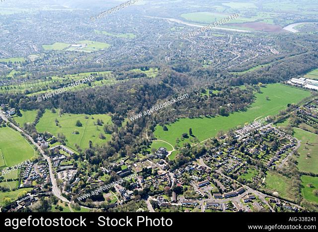 Blaise Castle House, now a Museum, Landscape Park designed by Humphry Repton, Walled Garden, Parish Church, Henbury, Bristol, 2018, UK. Aerial view