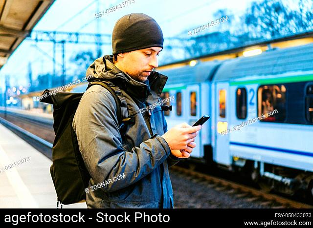 Sopot Railway station. traveler waiting for transportation. Travel concept. Man at the train station. Portrait Of Caucasian Male In Railway Train Station