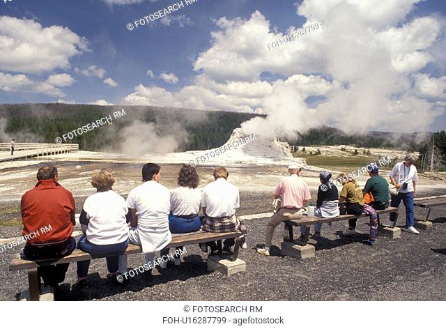 geyser, Yellowstone National Park, WY, Wyoming, People watching Castle Geyser in Upper Geyser Basin in Yellowstone Nat'l Park in Wyoming