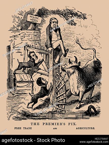 The Premier's Fix. Free Trade and Agriculture (Peel between Free Trade and Protection), April 1845. Creator: Anonymous