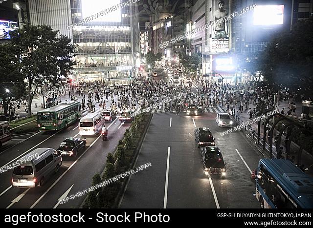 The vibrant Shibuya district by night, Tokyo. Shibuya is famous for one of the fashion centers of Japan for young people and as a major nightlife area