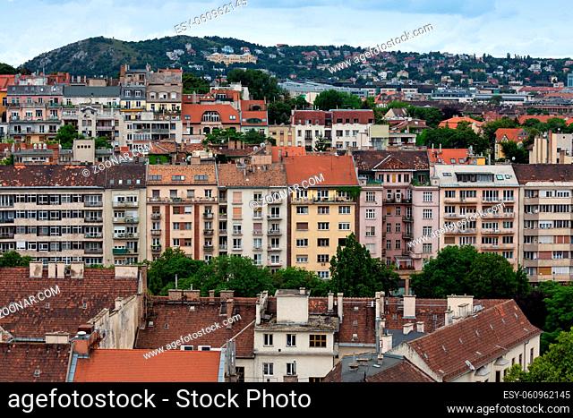 Aerial view residential area Hungarian Budapest with apartment buildings