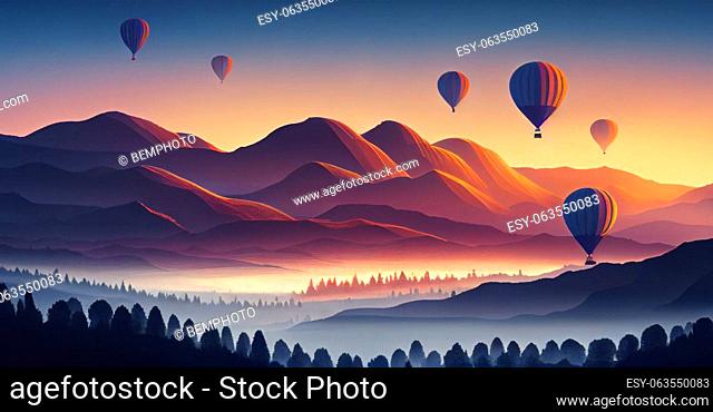 Colorful hot air balloons fly over the mountain, foggy evening, sunset AI generated image