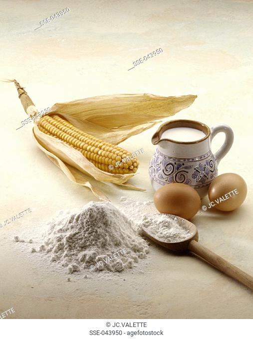 Corn on the cob, milk, eggs and flour