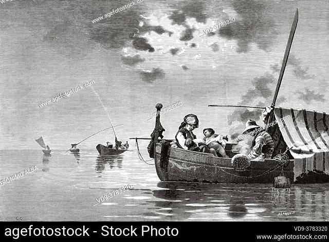 Marine scene. 19th century family fishing in a boat at sea. Old 19th century engraved illustration, El Mundo Ilustrado 1881