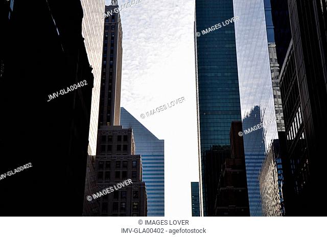 Low angle view of skyscrapers in Manhattan, NY, USA