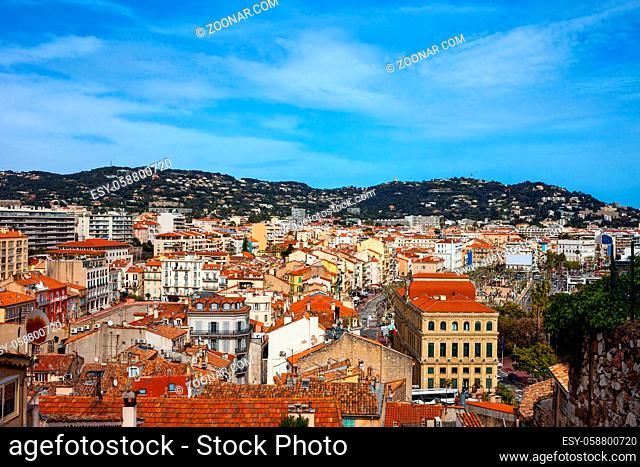 City of Cannes cityscape in France, sweeping view above the coastal resort on French Riviera - Cote d'Azur