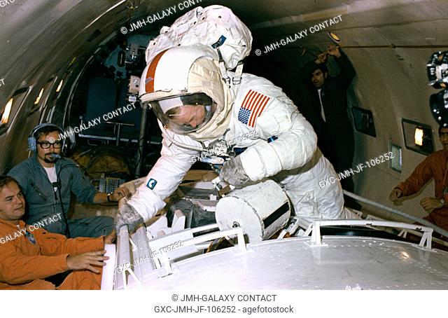 Astronaut Stuart A. Roosa, backup crew command module pilot of the Apollo 17 lunar landing mission, participates in extravehicular activity simulation training...