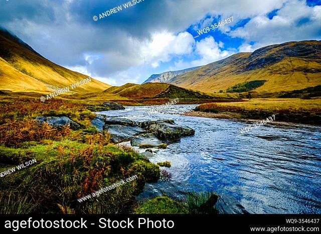 The river Etive in speight as it flows through Glen Etive, Highlands of Scotland