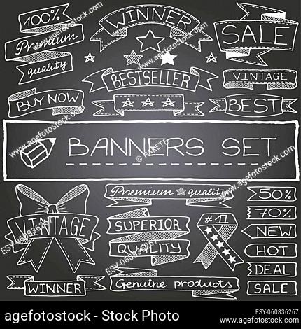 Handdrawn banner and tag icons with captions and stars, chalkboard effect.. Vector illustration