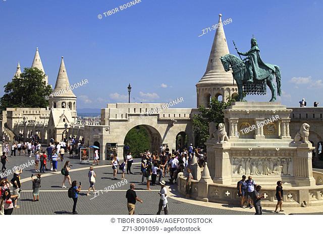 Hungary, Budapest, Fishermen's Bastion, St Stephen statue, people, tourists,