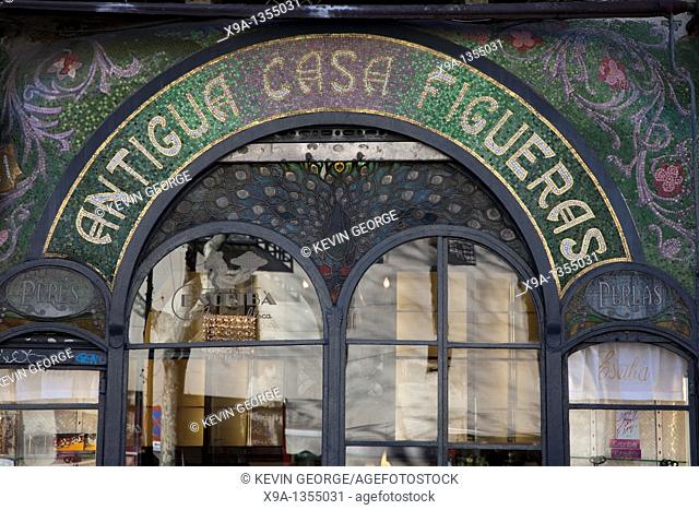 Facade of Escriba Bakery and Cafe on La Rambla Street in Barcelona, Catalonia, Spain