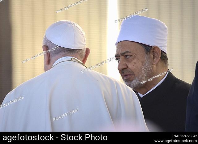 ROME, ITALY - OCTOBER 07: Pope Francis and grand imam of Al Azhar Sheikh Ahmed al-Tayeb chats during at Rome's Colosseum for an International Meeting for Peace...