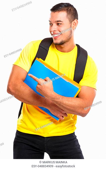Student showing pointing marketing ad advert young man people isolated on a white background