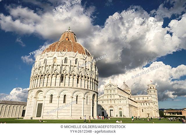 Baptistry of St. John, with Pisa Cathedral, Duomo, and Leaning Tower of Pisa, Bell Tower, Piazza dei Miracoli, Pisa, Italy