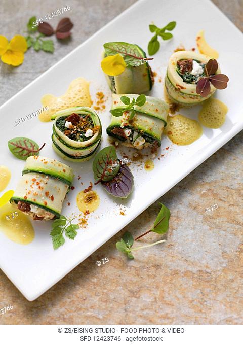 Zucchini roulade with potato curry sauce