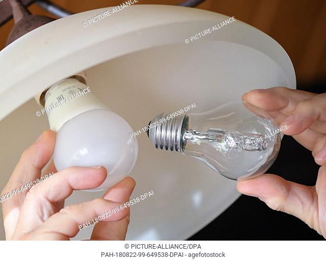 21 August 2018, Germany, Sieversdorf: ILLUSTRATION: A halogen lamp (R) of a ceiling lamp is replaced by an energy-saving LED lamp