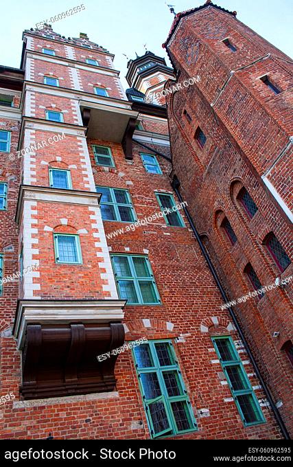 Renaissance brick build House of the Society of Naturalists with distinctive multistorey oriel and tower, located at Long Riverside in Gdansk, Poland
