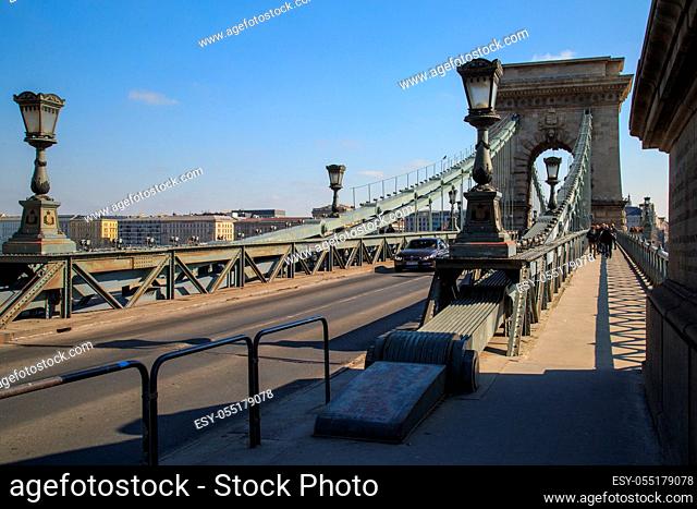 Budapest, Hungary, March 22 2018: Szechenyi Chain Bridge-one of the most beautiful bridges of Budapest, Hungary