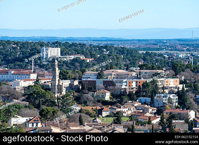Nimes, Occitanie, France, High angle panorama over the city center