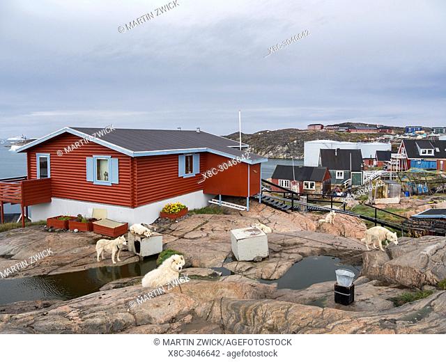 Traditional fishermens hut. Town Ilulissat at the shore of Disko Bay in West Greenland, center for tourism, administration and economy