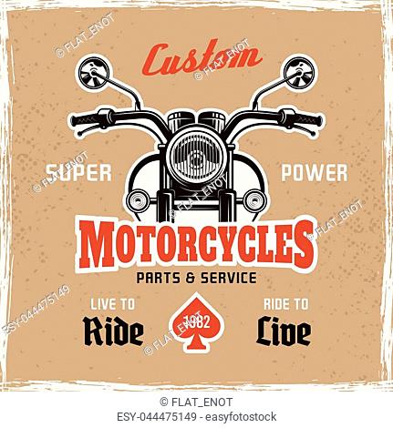 Motorcycle front view vintage poster sample text, isolated on background with grunge texture vector illustration