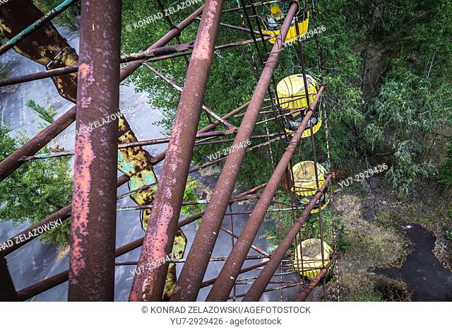 Ferris wheel in amusement park in Pripyat ghost city of Chernobyl Nuclear Power Plant Zone of Alienation around nuclear reactor disaster in Ukraine