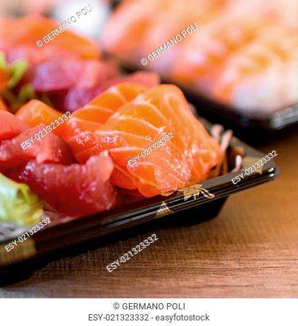 Tray of tuna and salmon sashimi Japanese