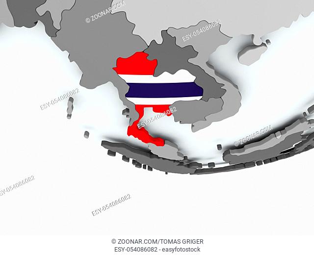 3D render of Thailand with flag on grey globe. 3D illustration