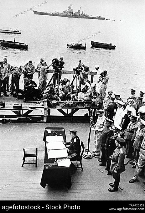 Japan. Representative of the USSR Kuzma Derevyanko participates in the ceremony of signing the act of surrender of Japan aboard the American battleship Missouri...