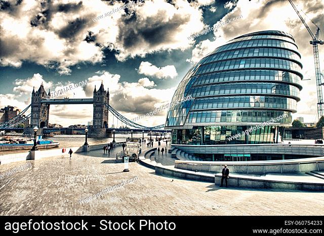 London, UK. Wonderful city skyline near Thames River on a cloudy day