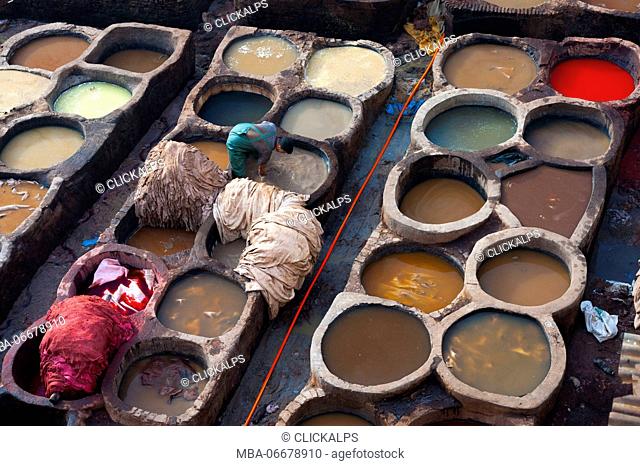Fes, Morocco. Typical leather tanneries