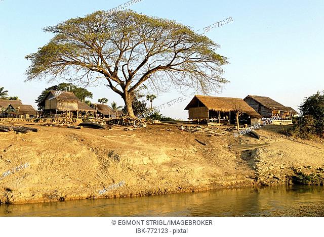 Village on the bank of the Irrawaddy or Ayeyarwady River, Myanmar (Birma), Southeast Asia