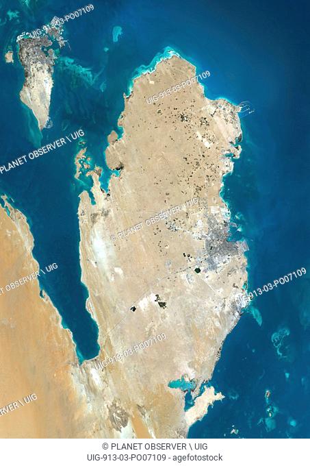 Satellite view of Qatar and Bahrain. This image was compiled from data acquired by Landsat 8 satellite in 2014