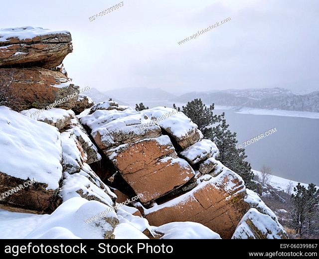 winter scenery of Horsetooth Reservoir, a popular recreation area in northern Colorado near Fort Collins