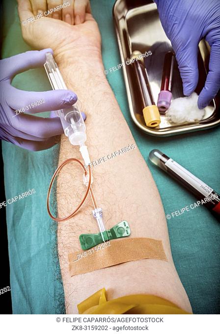 Nurse draws blood to a blood donor in a hospital, conceptual image