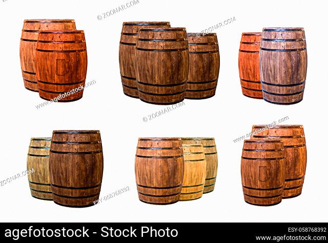 Two and three barrels of oak winemaking aging drinks dark brown and light beige, marked with a shadow of a beer mug