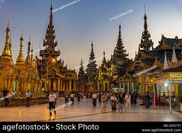 Shwedagon pagoda after sunset, Yangon, Myanmar, Asia