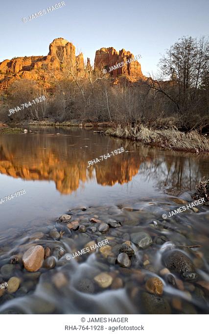 Cathedral Rock reflected in Oak Creek, Crescent Moon Picnic Area, Coconino National Forest, Arizona, United States of America, North America
