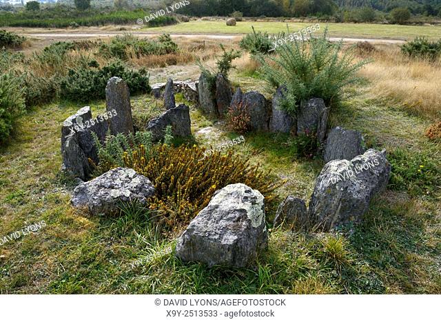 Landes de Cojoux, Saint-Just, Brittany, France. The restored prehistoric barrow passage grave dolmen of Croix Saint Pierre south