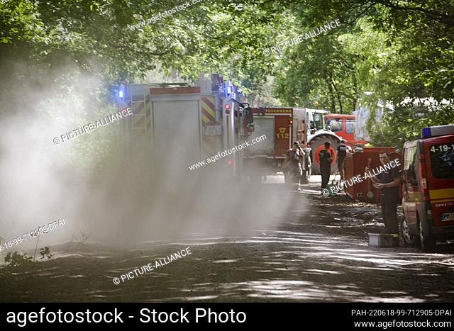 18 June 2022, Brandenburg, Treuenbrietzen: Firefighters are in action in a forest fire in the district of Frohnsdorf. The fire between Treuenbrietzen and...