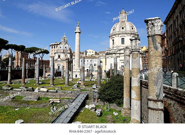 Ruins of Trajan Forum (Foro Traiano) with Trajan's Column and Santa Maria di Loreto, UNESCO World Heritage Site, Rome, Lazio, Italy, Europe