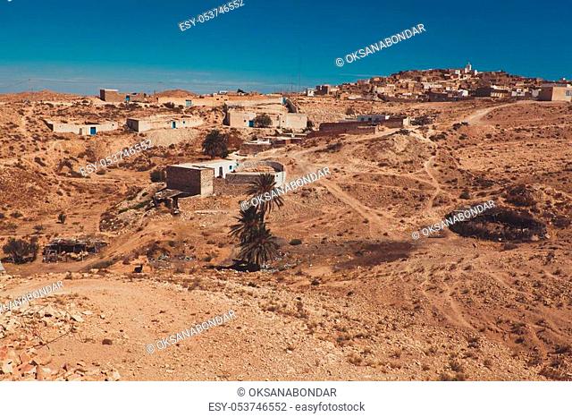 A view of the small berber village Tamezret in Tunisia. Sky view