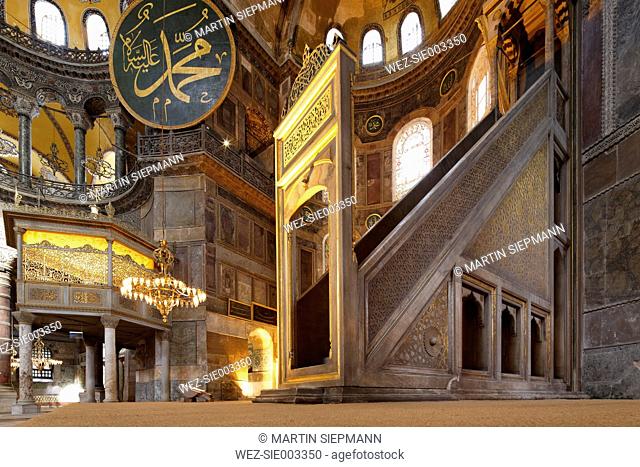 Turkey, Istanbul, Interior of Hagia Sophia and Minbar