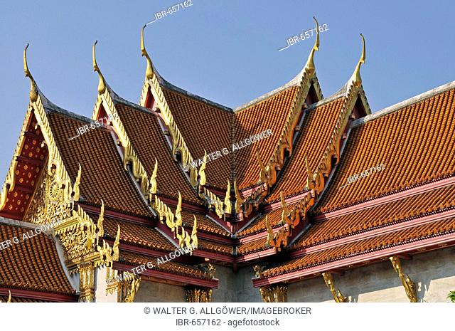 Roof of the Marble Temple (Wat Benchamabophit) and Chofahs (sky tassels), Bangkok, Thailand, Asia